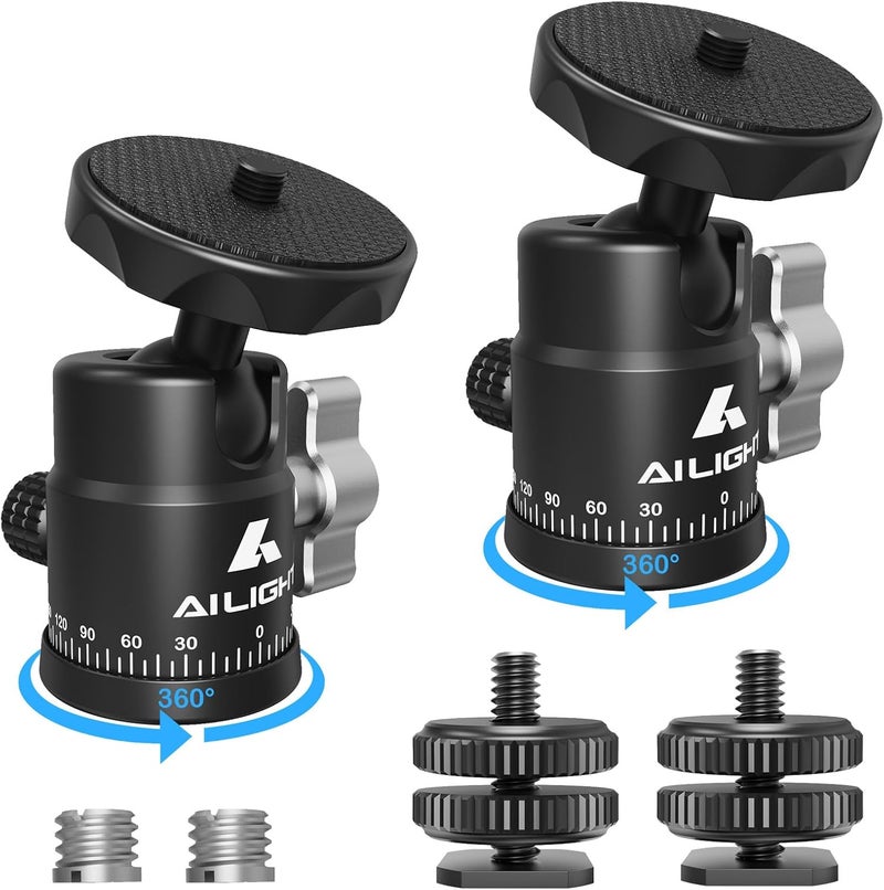 ailight Mini Ball Head, 360° Panoramic Tripod Head, Universal 1/4" to 3/8" Screw Adapter Swivel Mini Ball Head Screw Tripod Mount, Dual Cold Shoe Mount for DSLR Cameras Camcorder（2 Pack - Image 1